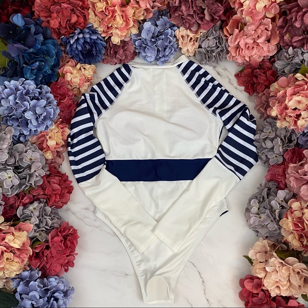 Sporty White and Navy Blue Striped Zip-Up Long Sleeve Rash Guard Swimsuit - Picture 12 of 16